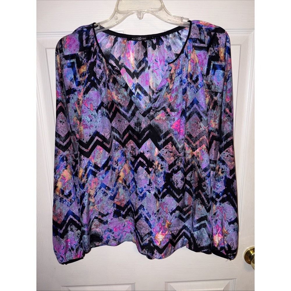 Alice & Trixie S 100% Silk Top Purple Black Chevron Peasant Blouse Career USA